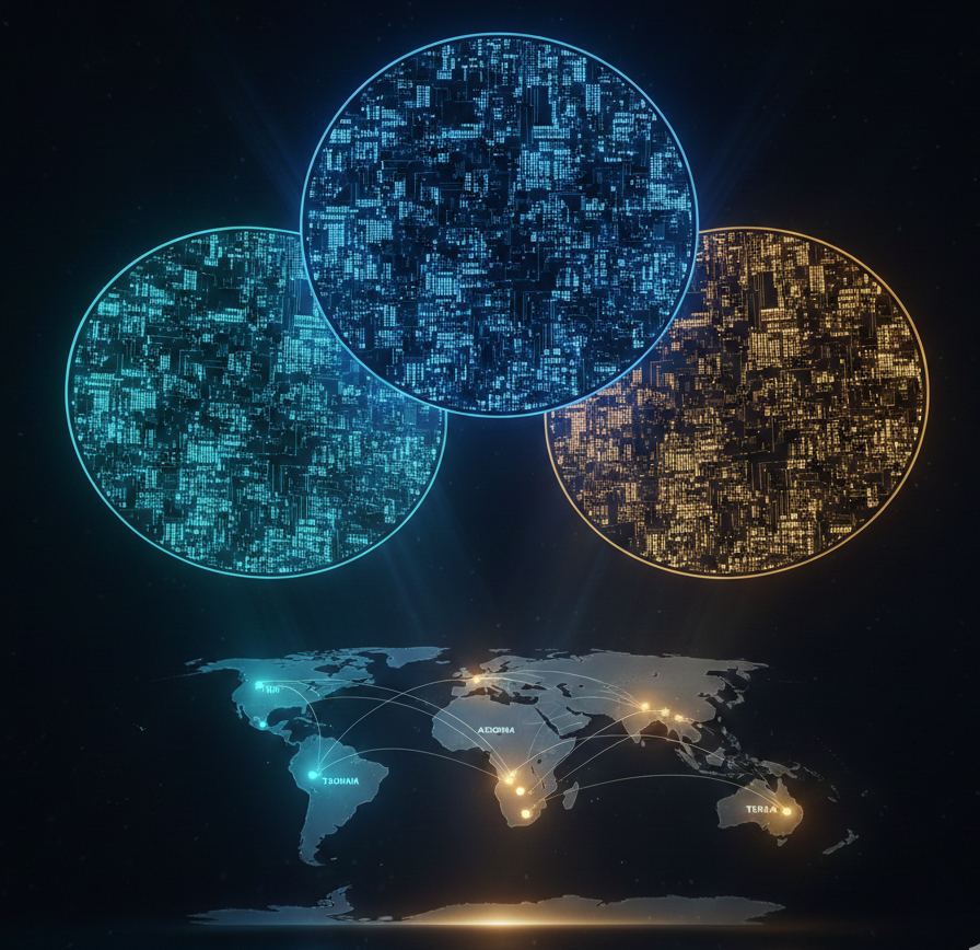 Three glowing silicon wafers in triangular formation above a world map showing 2nm chip manufacturing supply chain nodes