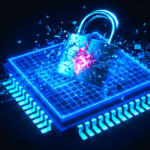 Quantum computer processor shattering an RSA-2048 padlock, representing the post-quantum cryptography threat from Iceberg Quantum's Pinnacle architecture