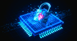 Quantum computer processor shattering an RSA-2048 padlock, representing the post-quantum cryptography threat from Iceberg Quantum's Pinnacle architecture