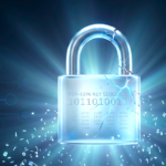 A cracked silver padlock with glowing blue fracture lines against a dark navy background, symbolizing RSA encryption being broken by quantum computing