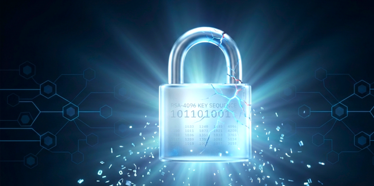 A cracked silver padlock with glowing blue fracture lines against a dark navy background, symbolizing RSA encryption being broken by quantum computing