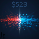 Split digital illustration showing a broken red AI neural network collapsing on the left and a thriving blue connected network on the right, representing AI agent implementation failures versus successful deployments, with a glowing $52 billion dollar figure overhead.