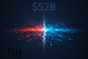 Split digital illustration showing a broken red AI neural network collapsing on the left and a thriving blue connected network on the right, representing AI agent implementation failures versus successful deployments, with a glowing $52 billion dollar figure overhead.
