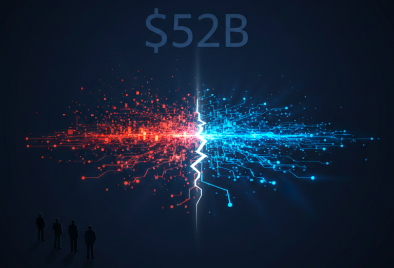 Split digital illustration showing a broken red AI neural network collapsing on the left and a thriving blue connected network on the right, representing AI agent implementation failures versus successful deployments, with a glowing $52 billion dollar figure overhead.