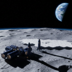 Artemis lunar base concept render showing habitat modules and solar arrays on the Moon's south pole surface