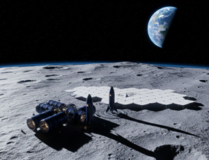 Artemis lunar base concept render showing habitat modules and solar arrays on the Moon's south pole surface