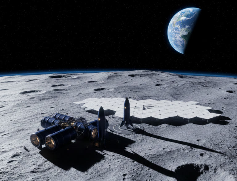 Artemis lunar base concept render showing habitat modules and solar arrays on the Moon's south pole surface