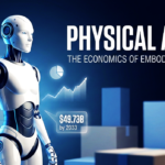 Humanoid robot working in a warehouse alongside human workers, representing physical AI 2026 automation