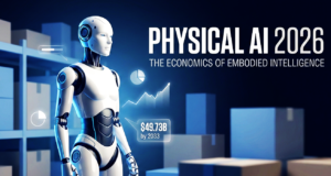 Humanoid robot working in a warehouse alongside human workers, representing physical AI 2026 automation