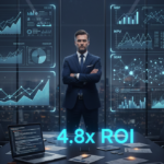 A CFO stands before holographic AI ROI dashboards in a dark boardroom, with glowing blue financial data and upward-trending graphs.