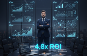 A CFO stands before holographic AI ROI dashboards in a dark boardroom, with glowing blue financial data and upward-trending graphs.