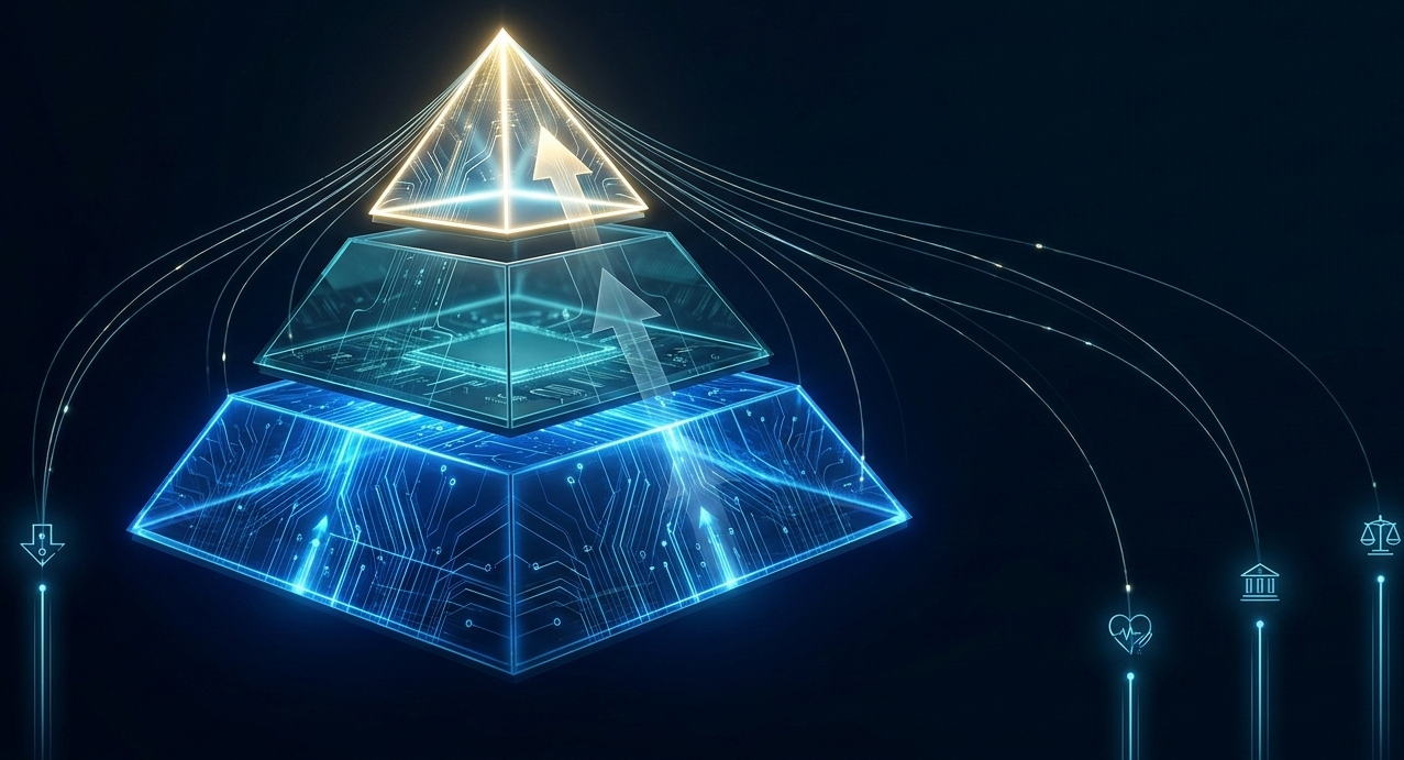 Three-tier AI ecosystem pyramid diagram showing hyperscaler infrastructure, platform, and vertical app value chain layers