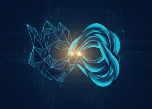 Abstract visualization of AI and human intelligence in dynamic balance, representing the AI skills paradox of 2026