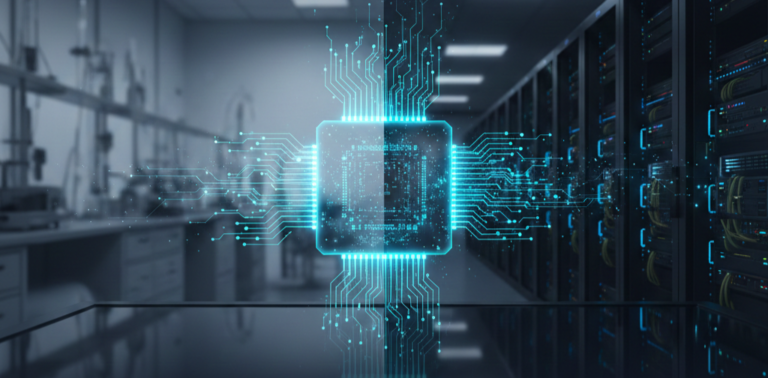 Quantum computing data center illustration showing fault-tolerant quantum processors using qLDPC error correction integrated with classical HPC systems in 2026