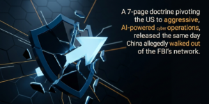 Abstract 3D fractured shield in deep blue splitting to reveal offensive cyber thrust, representing Trump's 2026 cyber strategy shift