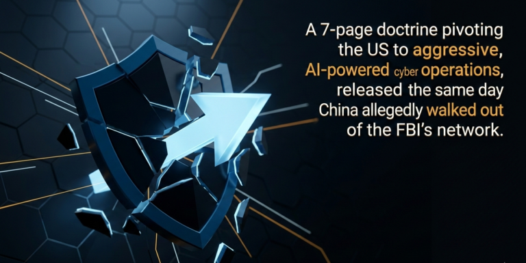 Abstract 3D fractured shield in deep blue splitting to reveal offensive cyber thrust, representing Trump's 2026 cyber strategy shift