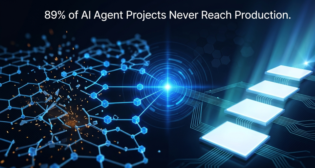 3D visualization of AI agent deployment pipeline showing failed network nodes and 4-stage framework for enterprise production success