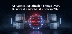 Glowing AI agent neural network sphere with radiating data threads and orbital workflow panels on dark background