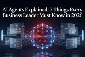 Glowing AI agent neural network sphere with radiating data threads and orbital workflow panels on dark background