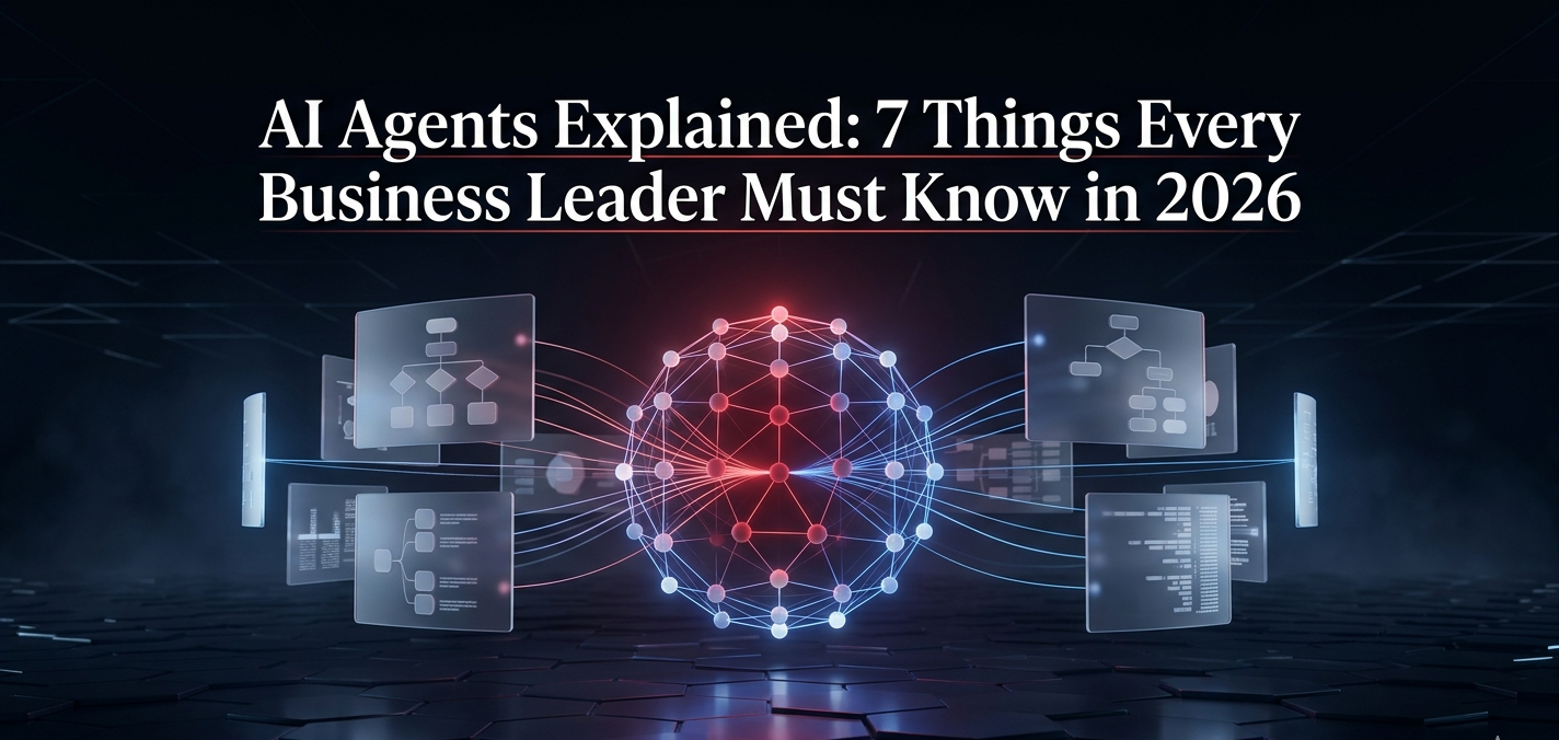 Glowing AI agent neural network sphere with radiating data threads and orbital workflow panels on dark background