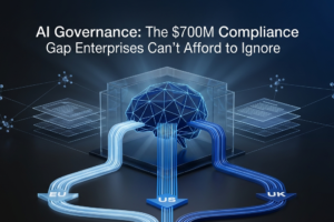 Enterprise AI governance compliance framework showing neural network regulatory structure across EU, US and UK jurisdictions in 2026