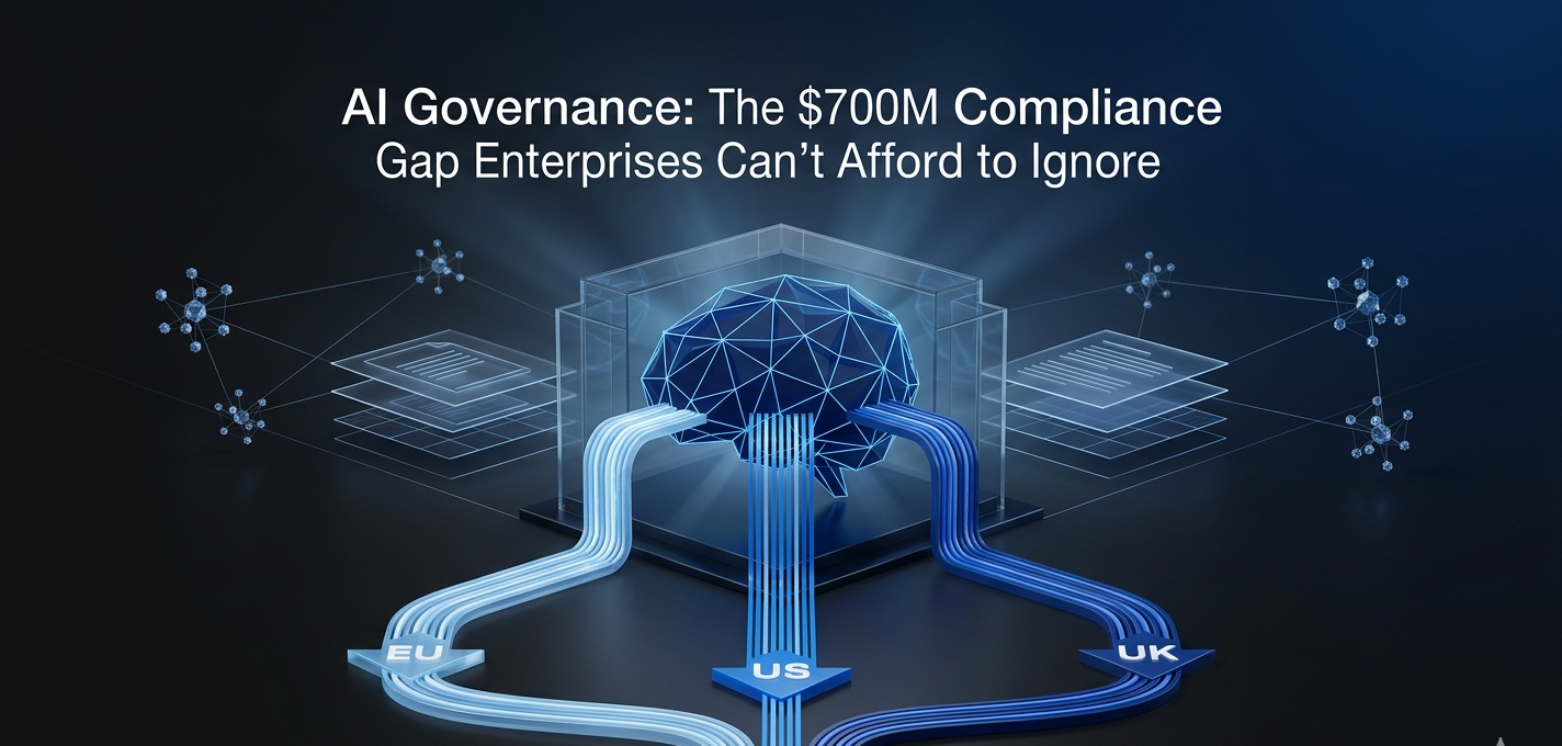 Enterprise AI governance compliance framework showing neural network regulatory structure across EU, US and UK jurisdictions in 2026