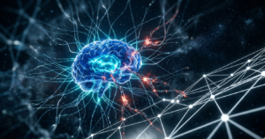 3D neural network with fractured data pathways and audit grid representing AI hallucination risk in enterprise systems