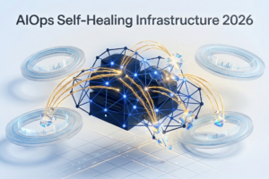 AIOps self-healing infrastructure dashboard showing autonomous anomaly detection and MTTR reduction neural network visualization 2026