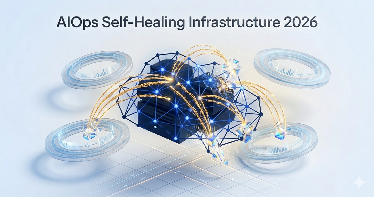AIOps self-healing infrastructure dashboard showing autonomous anomaly detection and MTTR reduction neural network visualization 2026