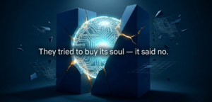 Abstract 3D visualization of military authority versus AI autonomy, geometric monolith and glowing circuit sphere in deep blue