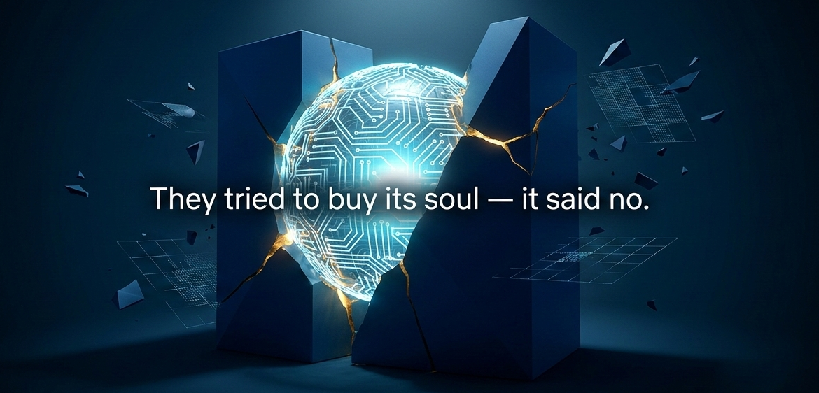 Abstract 3D visualization of military authority versus AI autonomy, geometric monolith and glowing circuit sphere in deep blue