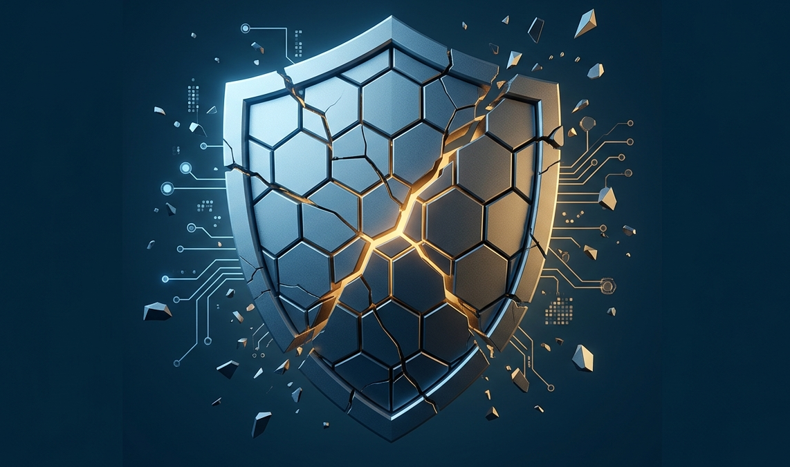 Fractured digital shield with amber light breaking through cracks, representing Anthropic Pentagon supply chain risk dispute