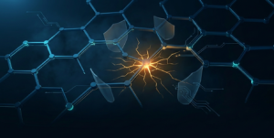 Abstract 3D fractured supply chain network in deep blue with amber stress lines representing Pentagon AI vendor risk designation