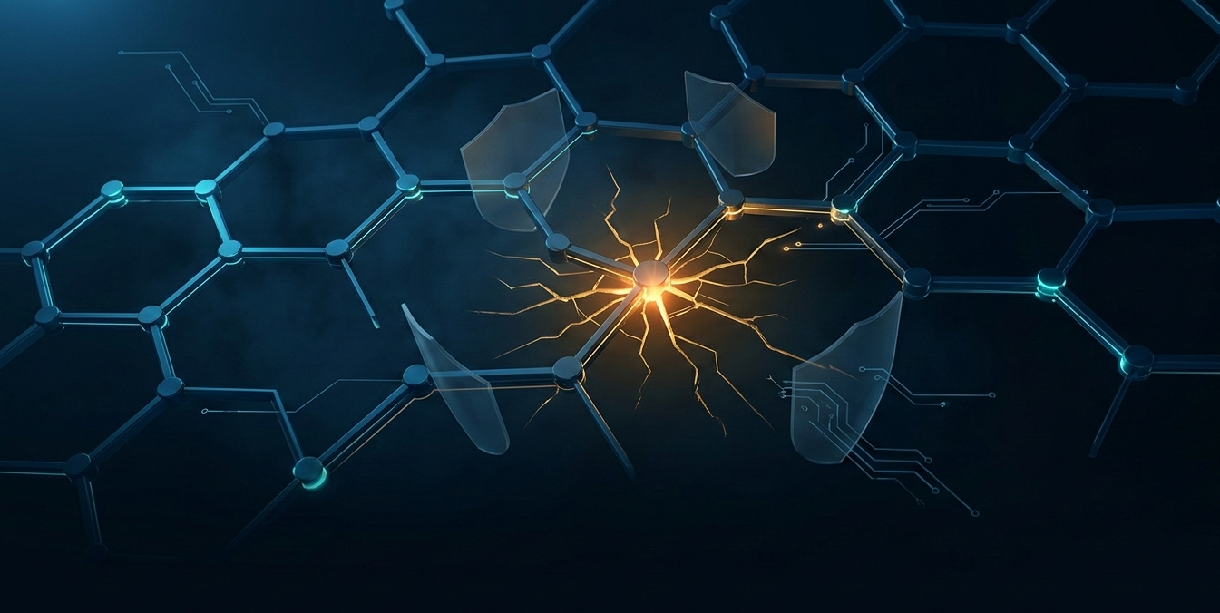 Abstract 3D fractured supply chain network in deep blue with amber stress lines representing Pentagon AI vendor risk designation