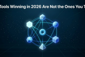 Seven interconnected AI coding tool nodes visualized as glowing 3D geometric forms against deep blue background