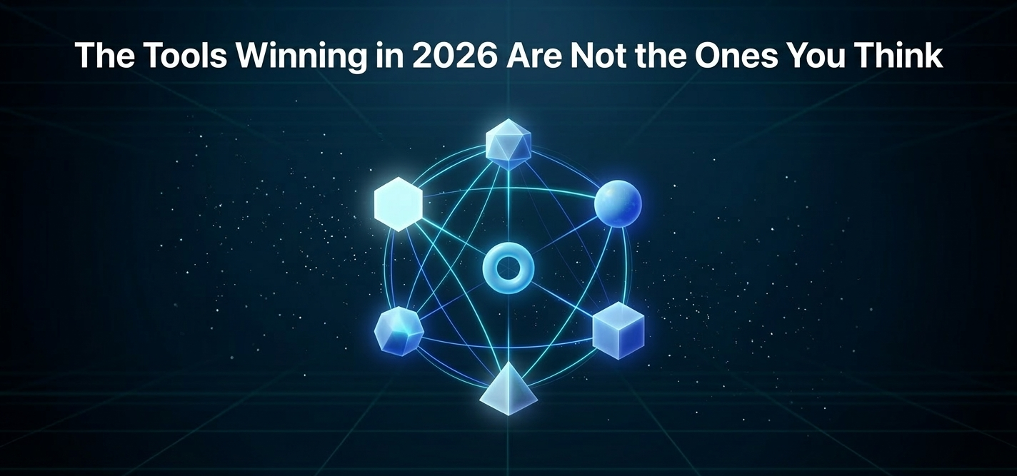 Seven interconnected AI coding tool nodes visualized as glowing 3D geometric forms against deep blue background