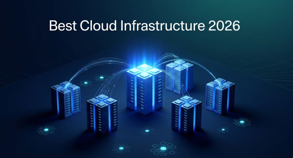 Five ranked cloud infrastructure server clusters with data migration arcs illustrating best cloud platforms for AI workloads in 2026