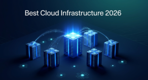 Five ranked cloud infrastructure server clusters with data migration arcs illustrating best cloud platforms for AI workloads in 2026
