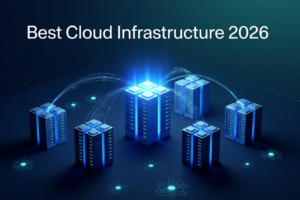 Five ranked cloud infrastructure server clusters with data migration arcs illustrating best cloud platforms for AI workloads in 2026