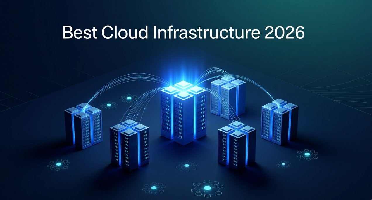 Five ranked cloud infrastructure server clusters with data migration arcs illustrating best cloud platforms for AI workloads in 2026