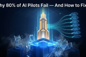 3D illustration showing AI infrastructure scaling strategy with governance nodes and data flows for CTO AI strategy 2026