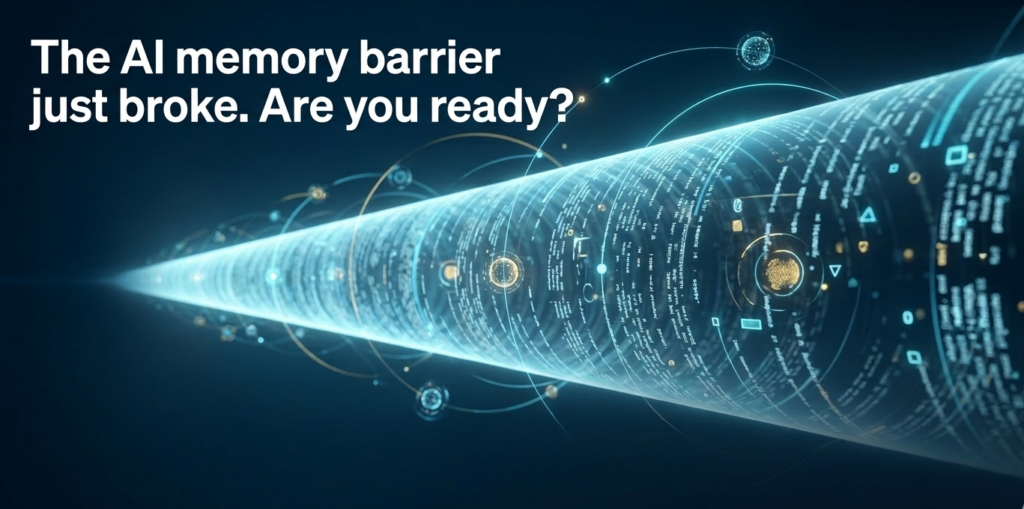 Abstract 3D data ribbon visualization representing Claude's 1 million token context window in deep blue and cyan