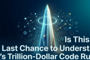 Abstract 3D glowing crystalline tower rising through deep blue digital space with orbiting data nodes and circuit filaments