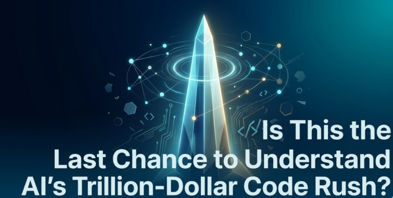 Abstract 3D glowing crystalline tower rising through deep blue digital space with orbiting data nodes and circuit filaments