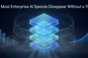 Four-layer AI ROI measurement framework visualization showing enterprise cycle time cost-to-serve defect rate revenue conversion metrics