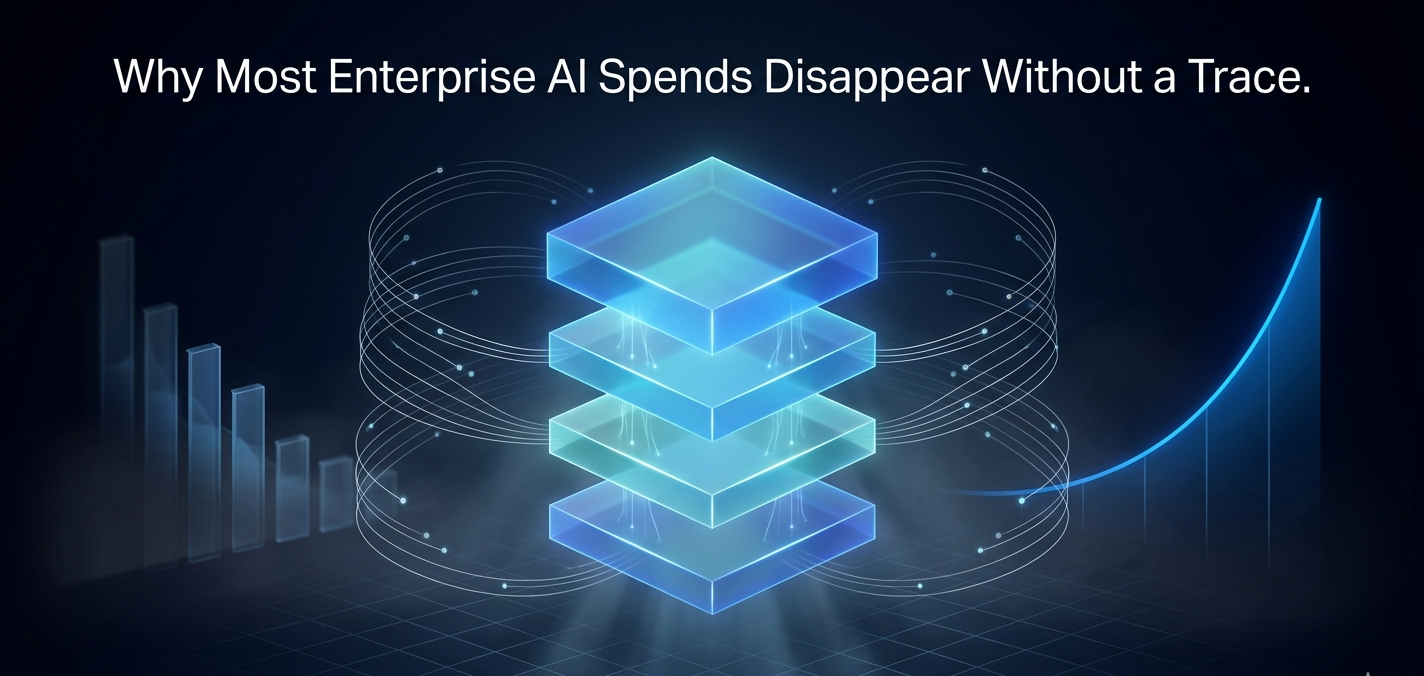 Four-layer AI ROI measurement framework visualization showing enterprise cycle time cost-to-serve defect rate revenue conversion metrics
