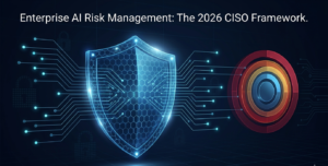 3D digital shield with neural network data flows representing enterprise AI risk management framework for CISOs in 2026
