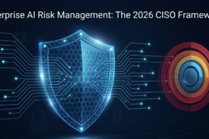 3D digital shield with neural network data flows representing enterprise AI risk management framework for CISOs in 2026