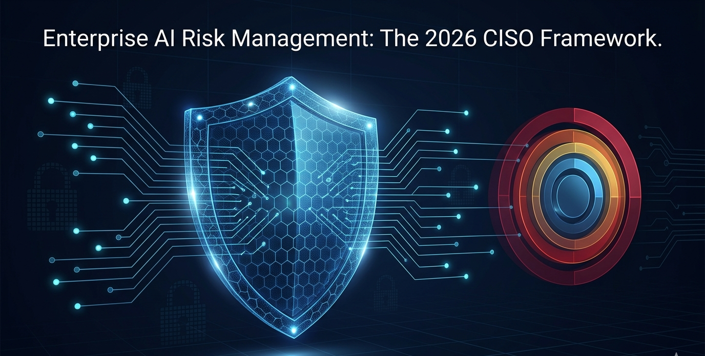 3D digital shield with neural network data flows representing enterprise AI risk management framework for CISOs in 2026
