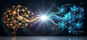 Abstract data visualization showing human and AI agent network nodes connected by glowing streams, representing human-agent team collaboration